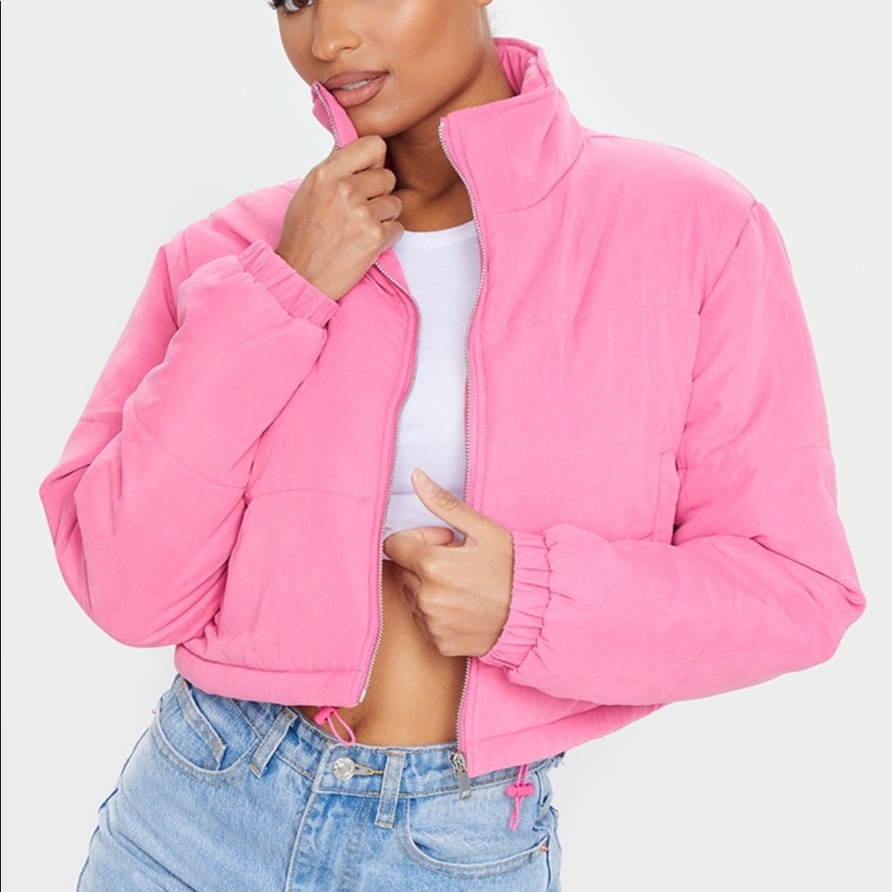 Pink Super Cropped Peach Skin Puffer